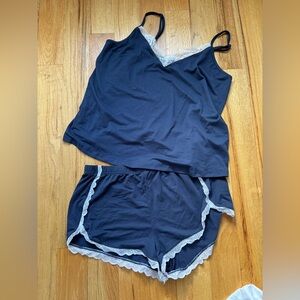 Elegant Navy Lace Trim Pajama Set